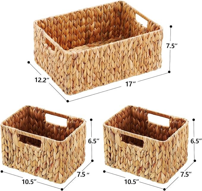 HOONEX Water Hyacinth Storage Baskets, Wicker Baskets for Storage, Hand Woven Baskets with Carry Handles, Set of 3, Natural - Image 3