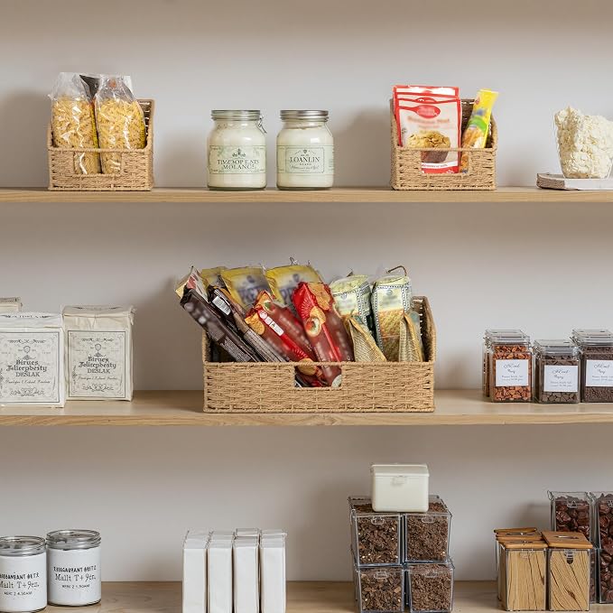StorageWorks Paper Rope Shelf Baskets,Pantry Storage Baskets,Natural,3-Pack | Pantry Storage Baskets,Wicker Baskets with Handles,Handwoven Wicker Storage Baskets for Shelves,Pantry Organizers and Storage - Image 5
