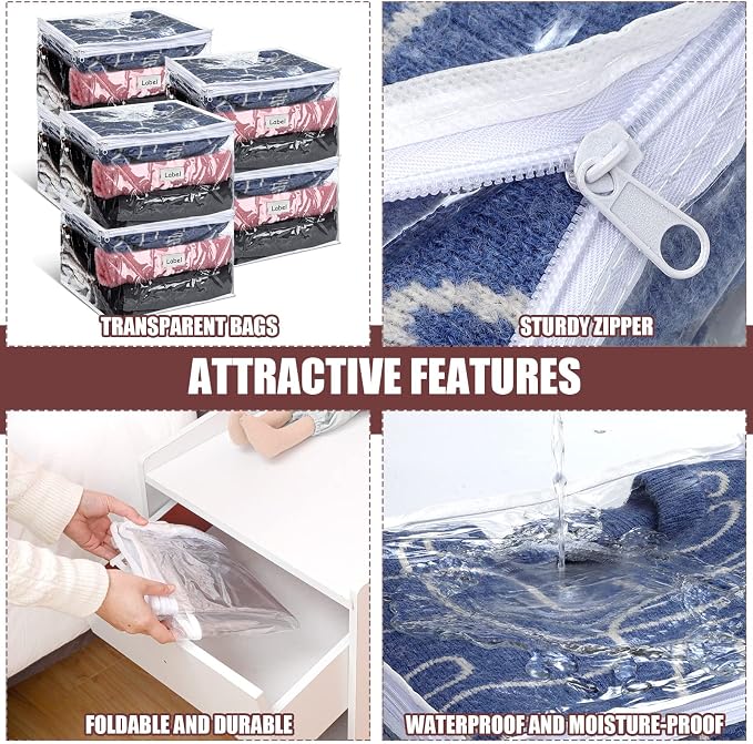 6pcs Clear Zippered Storage Bag Plastic Individual Sweater Storage Bag with Zipper Label Closet Clothing Organizer for Blanket Clothes Bed Sheet Comforter Quilt Pillow(12 x 12 x 12 Inch) - Image 2