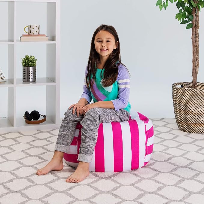 Posh Stuffable Kids Stuffed Animal Storage Bean Bag Chair Cover - Childrens Toy Organizer, Medium 27" - Canvas Stripes Pink and White - Image 4