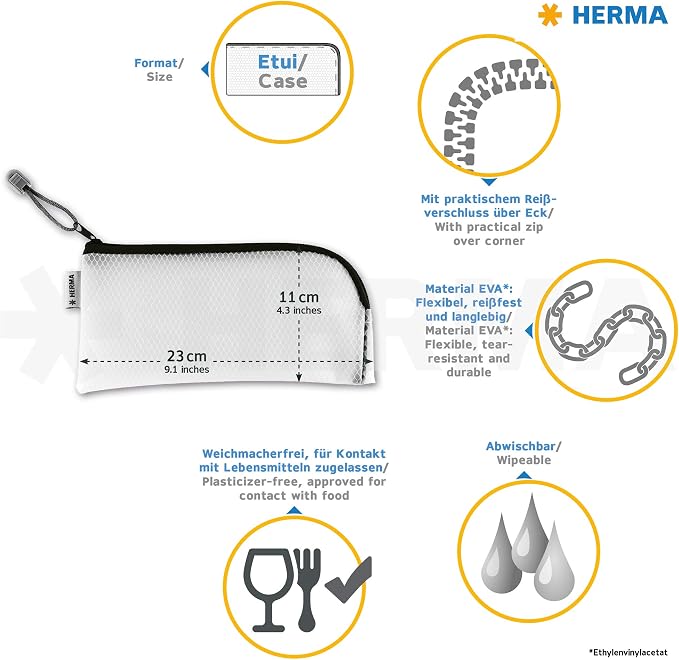 HERMA 20005 Zip Cosmetic Bag, Transparent (23 x 11 cm) Small Zippered Travel Pouch for Mobile Phone, Charging Cable, Cosmetics, pens, Keys, Clear Toiletry Bag with Zipper in Yellow - Image 6
