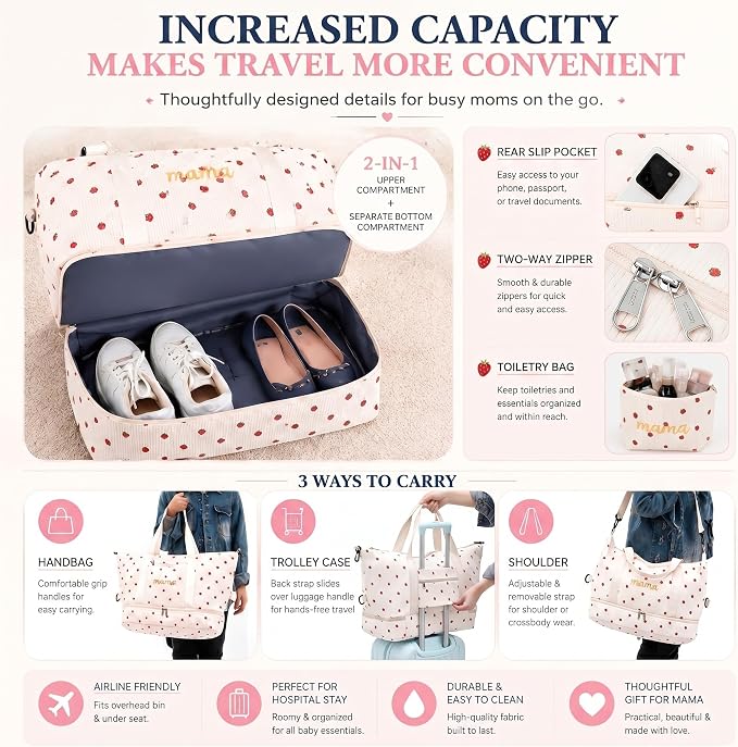 Dansydaisy Strawberry Mama Hospital Bag for Women Labor Delivery Travel Duffle Bag with Shoe Compartment Toiletry Pouch Waterproof Letter Embroidered for Pregnancy Weekender Overnight Gym Gift, Beige - Image 4