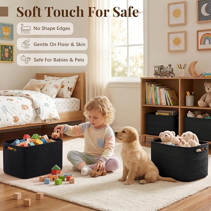 OIASKET 4Packs Natural Cotton Rope Storage Baskets for Organizing Toys, Clothes, Towels & Books, Soft Versatile Organizers for Shelves, Home Decorative Bins, 13''Lx9''Wx7.8''H, Black - Image 4