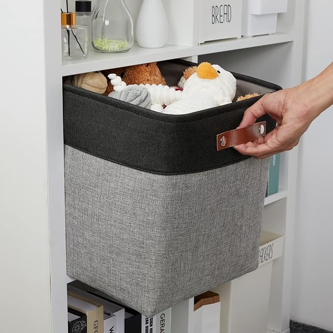 DULLEMELO Storage Bins for Organizing,Closet Storage Baskets for Gift Empty,Large Linen Canvas Storage Bins with Handles for Home Office Toys Shelves(Black&Grey, 13 inch Cube) - Image 6