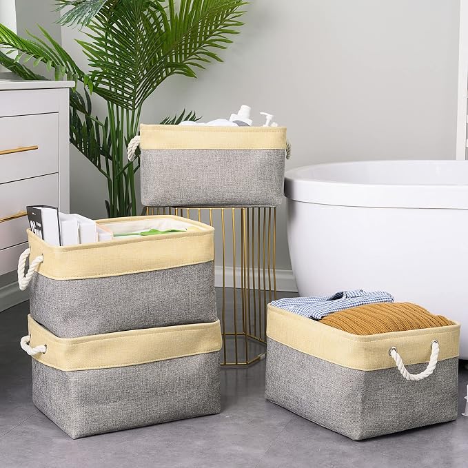Storage Basket for Organizing - 3 Pack 14x10x7 inch Large Collapsible Storage Bin for Shelves, Fabric Storage Cubes for Organizer ClosetCloth Gift Toy (Grey & Gold) - Image 3