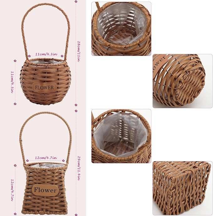 Set of 4 Flower Basket with Handle, QENUIITEA Imitation Rattan Woven Picnic Basket with Plastic Waterproof Lining, Flower Girl Baskets for Wedding Valentine's Day, Storage Basket for Home Decor - Image 3
