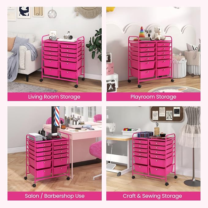 Giantex 12 Drawer Rolling Storage Cart Tools Scrapbook Paper Office School Organizer (Hot Pink) - Image 8