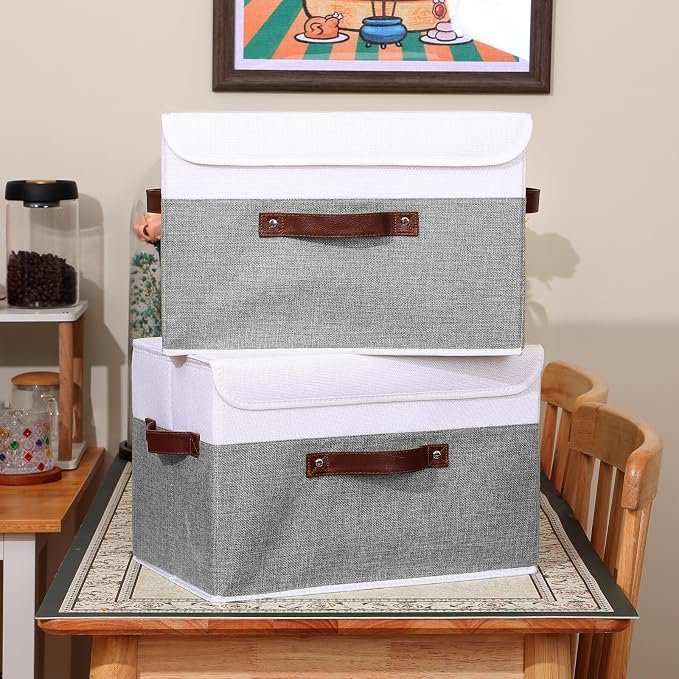 ANMINY Fabric Storage Box Bins with Lids, Gray White, 15"x10"x10", 2 Pack | Keepsake Memory Storage, Cotton Linen, PP Board Reinforced, Washable, PU Handles, Foldable & Stackable, Decorative, Large - Image 6