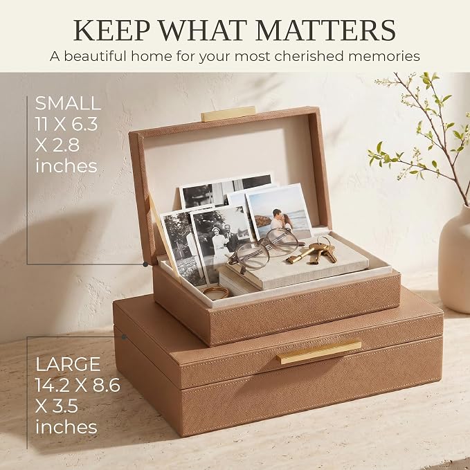 Decorative Storage Boxes with Lids - Set of 2 PU Leather Organizer Bins | Beautiful Bins for Your Bookshelf Home Decor - Safely Store Photos, Documents and Memory Box Keepsakes in Style - Image 3