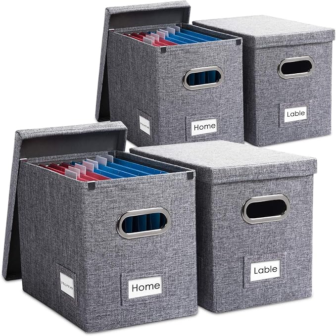 File Organizer Box - Set of 4 Collapsible Decorative Linen Filing Storage Hanging File Folders with Lids Office Cabinet Letter Size Grey (14x9.3x10.8 inch) by Prandom