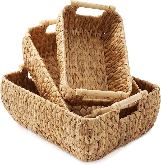 Casafield Set of 3 Water Hyacinth Oval Storage Baskets with Wooden Handles - Small, Medium, Large - Woven Nesting Basket Organizers - Image 2