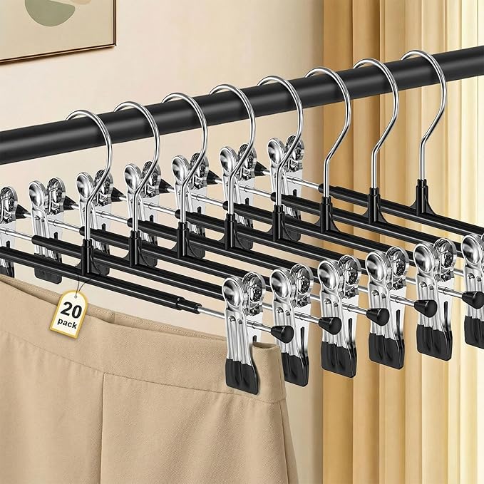 POZEAN Pants Hangers with Clips for Women 20 Pack, 12Inch Adjustable Heavy Duty Skirt Hangers, Space Saving Non-Slip Shorts Jeans Trousers Clothes Hangers, Black by POZEAN