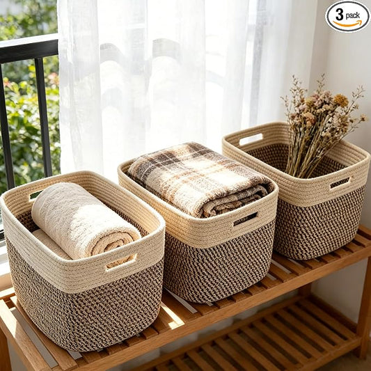 3 Pack Woven Baskets,Storage Baskets for Shelves with Handles | 13.5"×11"×9.5", Closet Baskets, Nursery Organizer for Toys Towels Books, Storage Bin for Living Room Bedroom (Jute & Black) by HZFTJOY