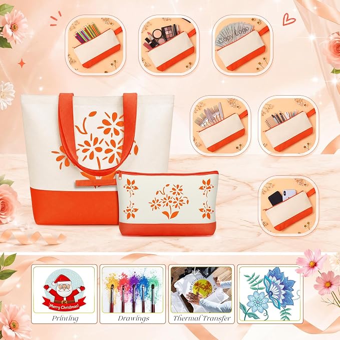 Sanwuta 30 Pcs Canvas Tote Bags Bulk with Zipper Cosmetic Pouch,Orange | 18.5" Reusable Cotton Shopping Bag with Handle for DIY Craft - Image 6