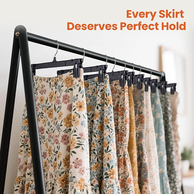 HOUSE DAY Black Pants Hangers with Clips 50 Pack, 12 Inch Skirt Hangers | Non-slip clips hold trousers, skirts, shorts and jeans; 360° swivel hook allows easy access for everyday adult wardrobes - Image 8