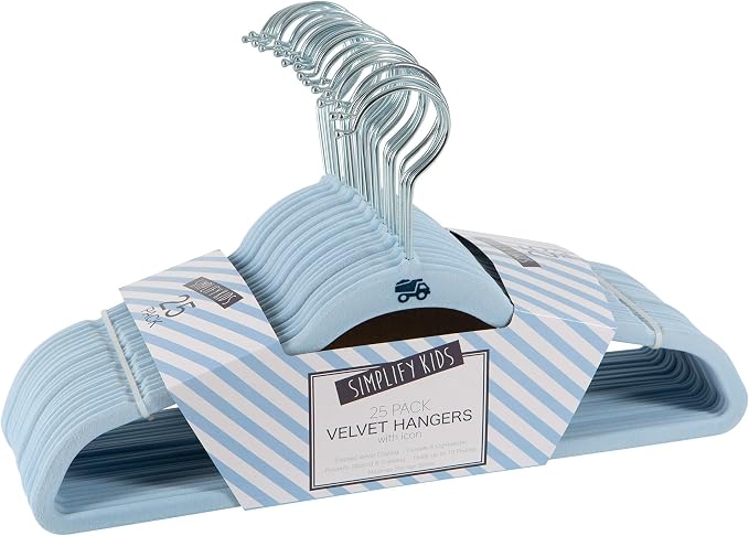 Simplify 25 Pack Kids Velvet Hangers | Slim | Non-Slip Design | Space Saving | Childrens Clothes | Shirts | Pants | Dresses | Baby Nursery | Closet Storage & Organization | Light Blue by Simplify