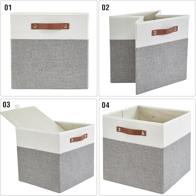 Collapsible Fabric Storage Cube Bins with 2 Reinforced PU Handles, Foldable Storage Organizer Baskets for Closet, Shelves, Living Room | 11"x11"x11", 4 Pack, Gray & White - Image 7
