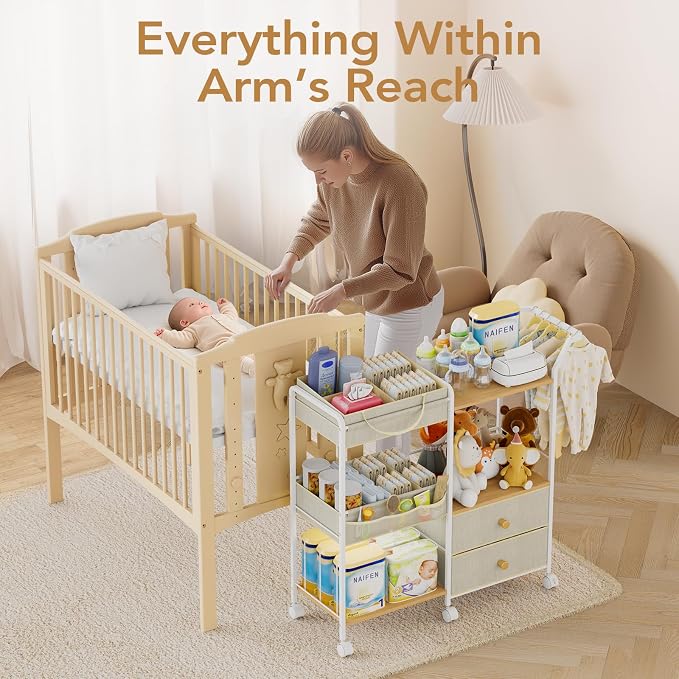 BBLIKE Diaper Caddy Organizer with Hanging Rack - 3 Tier Rolling Baby Storage Cart with Drawers and Side Pockets for Newborn Diaper Organization for Nursery, Crib, Bedroom, Changing Table, Beige - Image 3