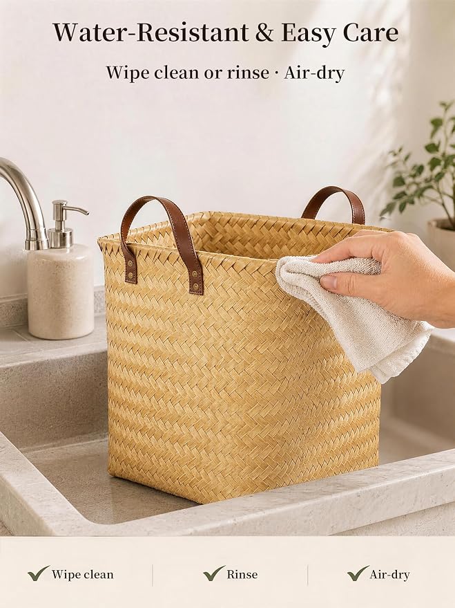 Wicker Storage Baskets, 4 Pack Woven Baskets for Shelves, Yellow | PP Rattan, Water-resistant Wicker Basket, Large Baskets with Faux Leather Handles for Blanket, Laundry Organizer, Room Decor - Image 7