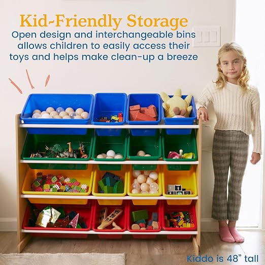 ECR4Kids 4-Tier Organizer with 16 Bins, Toy Storage, Natural/Primary | Durable plastic bins, MDF panels, steel frame, GREENGUARD Gold Certified, 60 lb capacity, anti-tip kit, playroom/classroom - Image 5