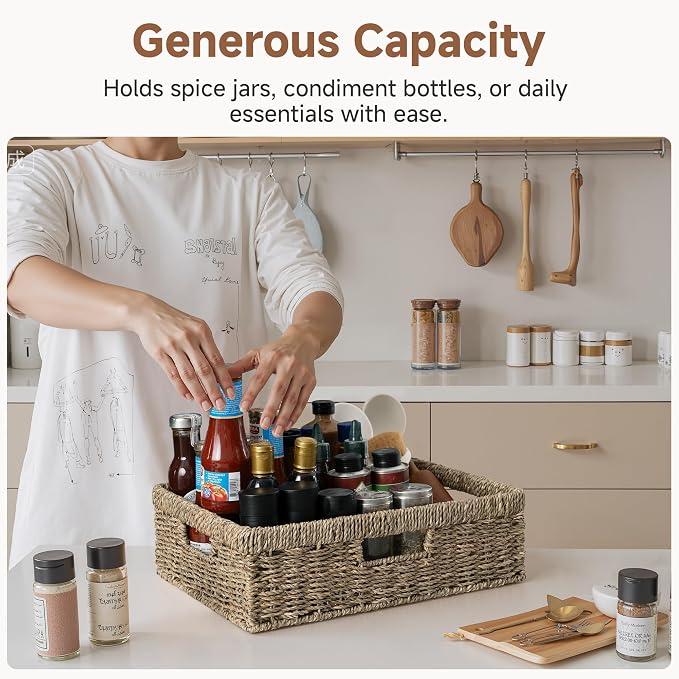 StorageWorks Pantry Baskets, Wicker Storage Baskets, Shallow Basket, 1-Pack | Seagrass Baskets, Wicker Storage Baskets for Organizing, Pantry Organizers and Storage, Woven Baskets, 15¼"L x 11¾"W x 4 ¾"H - Image 4