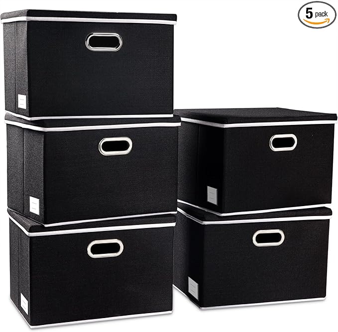 Large Foldable Storage Boxes with Lids [5-Pack] Organizer Containers Baskets Cube with Cover for Home Bedroom Closet Office Black17.7x11.8x11.8 For 6+ Year Old Boys and Girls by Prandom