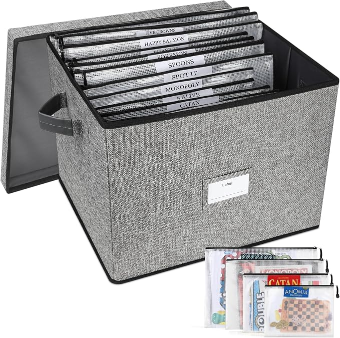Board Game Storage Box, Board Game Organizer Box with 12pcs Zipper Bags and Writable Stickers, Game Storage Containers with Lid for Office Supplies, Puzzles, Craft Product by LuKeline