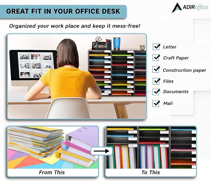 AdirOffice Classroom Mailbox - Wooden Literature Organizer , Construction Paper Storage Organizer , Mail Sorter with Slots , Office Mailboxes With Removable Shelf (27 Slot , Black) - Image 8