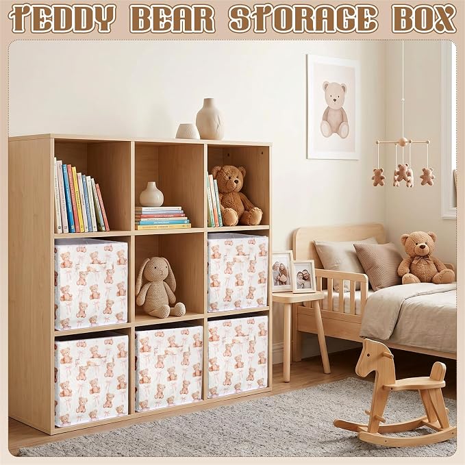 6 Pcs Pink Bow Teddy Bear Cube Storage Bins 11 Inch Storage Basket with Handle, Preppy Girls Organizer Basket, Collapsible Fabric Box for Classroom Bedrooms Office Home Decoration Gift - Image 4