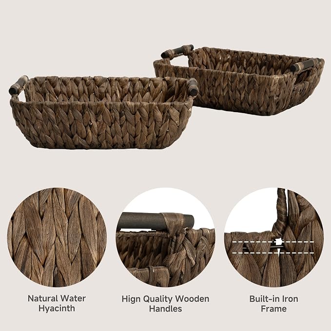 StorageWorks Wicker Storage Basket, Organizing Baskets for Shelf, Brown | Wicker Storage Baskets for Shelves, Baskets with Wooden Handles, 2-Pack Gifts Basket for Home Decor, Hand-Woven Basket - Image 3