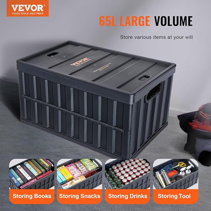 VEVOR 65L Collapsible Storage Bins with Lids 3 Packs, Stackable Utility Crates with Handles, Large Folding Containers for Organizing Tools, Books, Food, Drinks, Camping&Transport | For Organizing Tools, Books, Food, Drinks, Camping&Transport, Large Hea... - Image 2