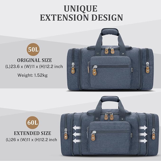 Gonex Canvas Duffle Bag, Expandable 60L Travel Overnight Weekender Bag | for Men, Multiple Pockets, Tear-Resistant, Durable Zippers, Detachable Strap, Denim Blue - Image 3