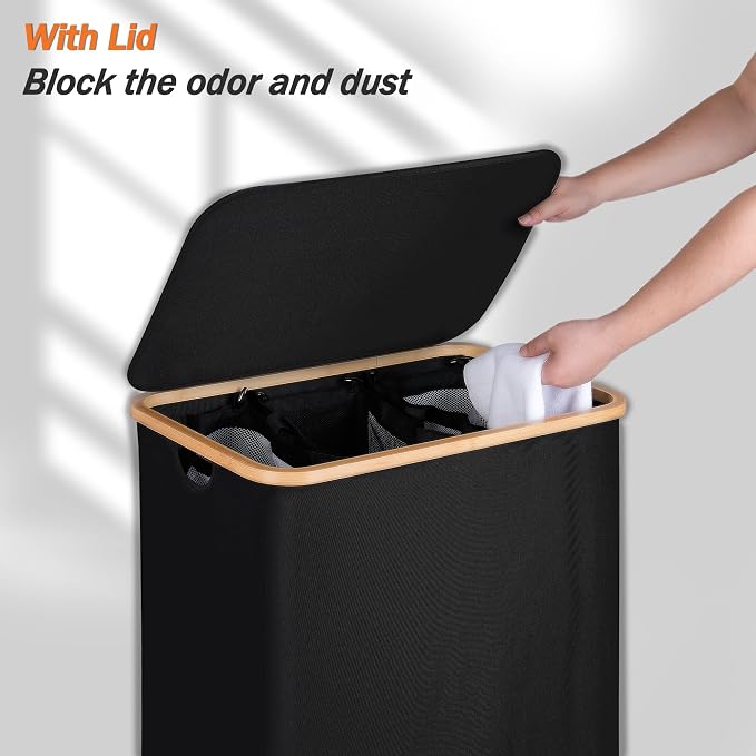 efluky Laundry Hamper with Lid, Trio Laundry Basket with 2 Removable Bags, 3 Section Laundry Bin with Bamboo Handles for Bathroom, Bedroom & Laundry Room, 160L (42.3 Gallon) Black - Image 3