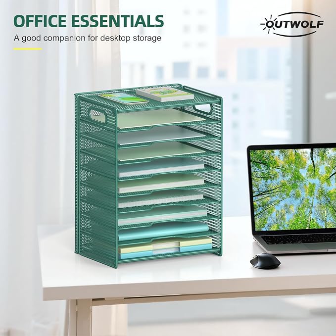 OUTWOLF 10 Tier Paper Organizer - Letter Tray Mesh Desk File Organizer with Handles for Office School Desktop, Green - Image 2