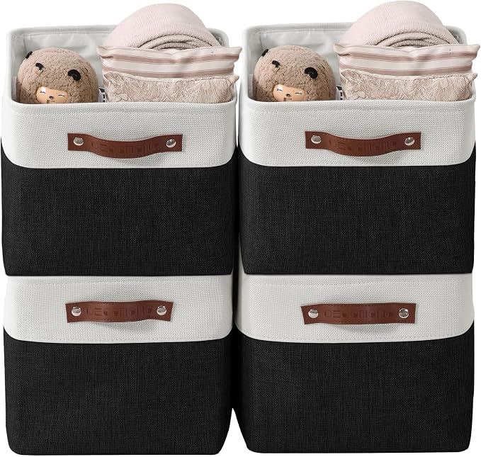 DECOMOMO Storage Bins, Large Fabric Storage Baskets for Shelves 4 Pack | 15 x 11 x 9.5 inches Decorative Linen Closet Organizers (Black & White) by DECOMOMO