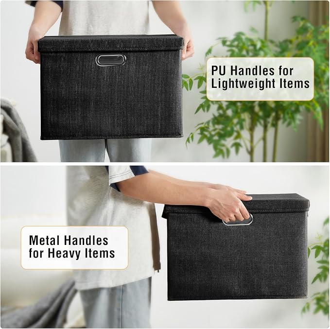 Roobyl 17" Large Fabric Storage Box with Lids, 3-Pack, Black | Stackable, Foldable, 2 PU Handles and 2 Metal Handles, Decorative Fabric, For Home, Bedroom, Closet, Office, Nursery - Image 3