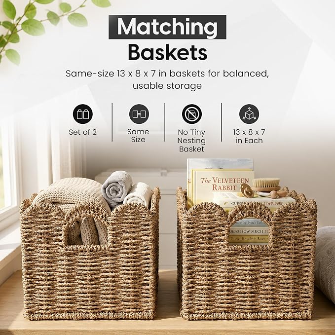 ByteX Scalloped Basket Set (2 Large Baskets) Seagrass Wicker Storage Baskets for Nursery & Kids Books | Decorative Scalloped Edge Rattan Style Book Basket for Toys, Shelves & Decor - Image 2