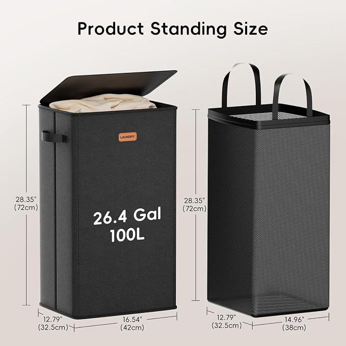 100L Laundry Hamper with Lid, Large Clothes Hampers with Removable Bag, Collapsible Laundry Basket for Bathroom, Bedroom, Laundry Room, Dorm, Black - Image 6
