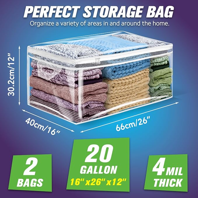 Large Storage Bag for Clothes, Jumbo Zipper Totes | 20 Gallon xxl, Flexible, Clear Extra Thick Plastic, Reinforced Handles, Double Zip - Image 2