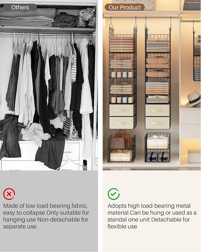 4 Tier Metal Hanging Closet Organizer with 2 Fabric Drawers | Heavy Duty Foldable Clothes Storage Rack ,No Sag Storage Rack for Clothes, Sweaters, Hats, Small Closets, Apartments, Dorms - Image 7