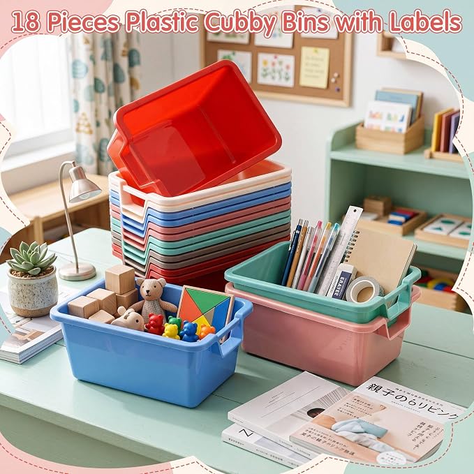 Thyle 18 Pieces Plastic Cubby Bins with Labels 11.6 x 7.7 x 5 Inch Classroom Book Bins Stacking Storage Container Organizer Storage Cubbies for Classroom Office (Morandi Color2) - Image 4