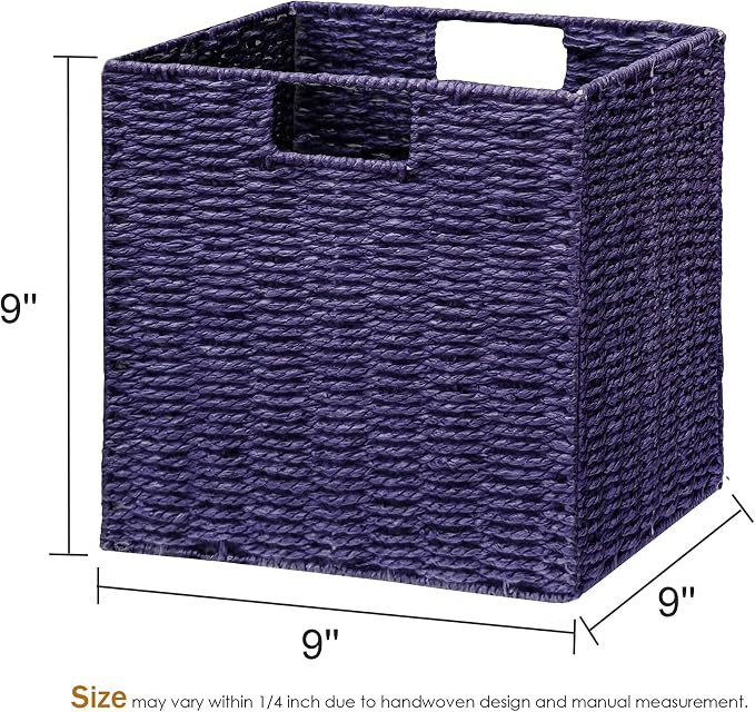 Wicker Storage Basket, Set of 2 Hand-Woven Paper Rope Wicker Basket, Foldable Cube Storage Bins, 9 inch Square Storage Baskets for Organizing Shelves & Decor, Purple (9″×9″×9″) - Image 5