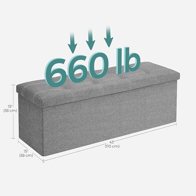 SONGMICS MAZIE Collection - 43 Inches Ottoman Storage Bench, 35 Gal. Folding Chest with Breathable Linen-Look Fabric, Load up to 660 lb, for Entryway, Living Room, Bedroom, Light Gray ULSF077G05 - Image 3