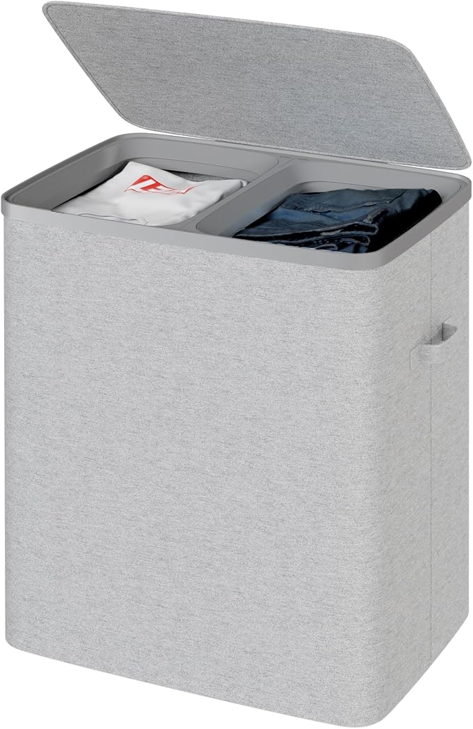 Dual Section 90 liter/23.8 gallon Laundry Hamper Separation Basket with lid, 2 Removable Washing Bags with Handles,Large Laundry Sorter for Easy Clothes Separation - Gray by Whitmor