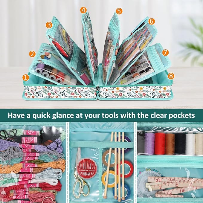 FINPAC Sewing and Craft Supplies Storage Tote Bag with Clear Pockets | Large Art Organizer Caddy Travel Packing Shoulder Bag for Knitting, Sewing Accessories, Spring Bloom - Image 2