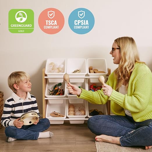 ECR4Kids 3-Tier Organizer with 9 Removable Plastic Bins, 3x3, Toy Storage, Dark Natural/White | Durable plastic bins, MDF panels, steel frame, GREENGUARD Gold Certified, 27 lb capacity, anti-tip kit, playroom/classroom - Image 7