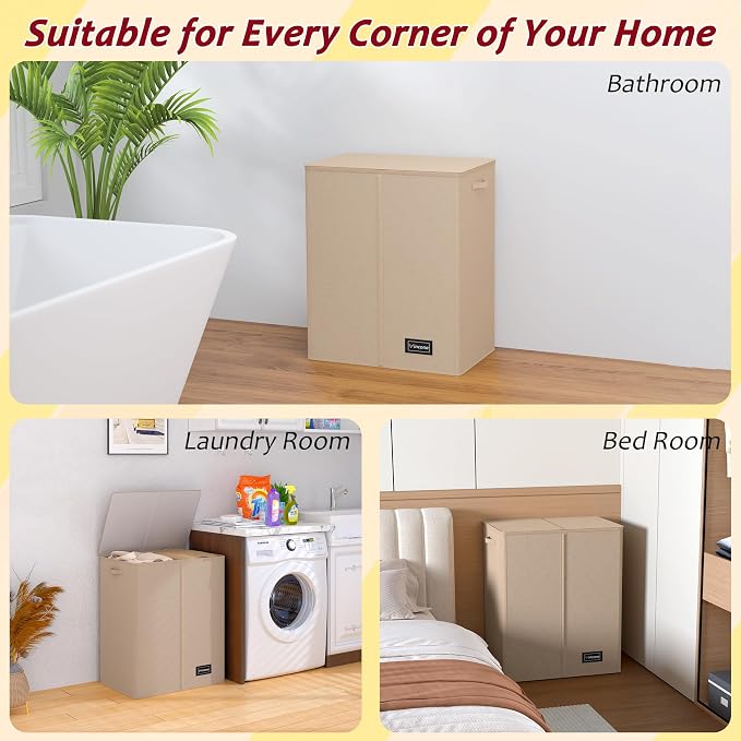 150L Laundry Hamper 2 Section, Large Laundry Hamper with Lid, Dirty Clothes Hamper with 2 Removable Inner Bags, Collapsible Laundry Basket Organizer for for Clothes Toys Towels, Hamper 2 Compartment - Image 2