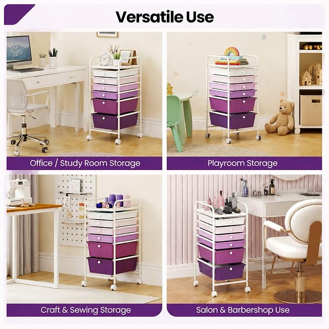 GOFLAME 6-Drawer Rolling Storage Cart, Multifunctional Art Craft Organizer Cart, Mobile Utility Storage Cart with Removable Drawers & Lockable Wheels, Craft Cart for Home Office, Purple Gradient - Image 7