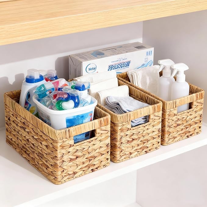 Water Hyacinth Wicker Storage Baskets for Shelves, Set of 4 | Shelf Baskets, Basket with Handle, for Pantry, Kitchen, Bathroom, Closet Storage, 13x8.25x7in - Image 8