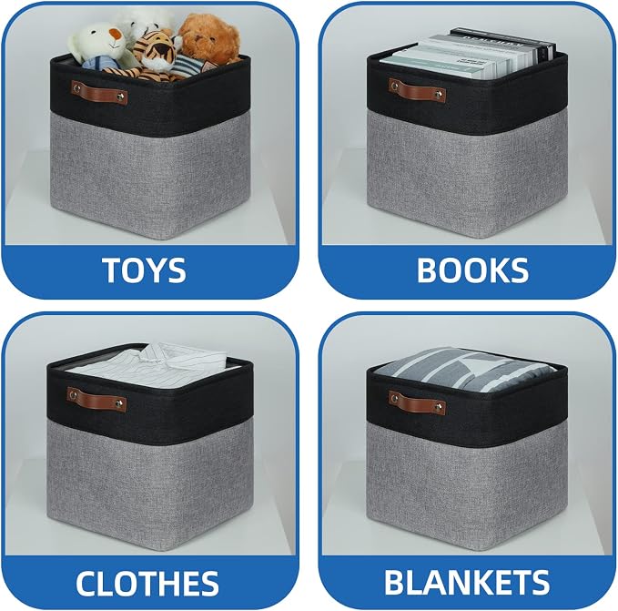 Temary Storage Baskets 12x12 Fabric Cube Storage Bins, 4 Pack Large Baskets with Handles, Baskets for Organizing Towels, Blankets, Collapsible Storage Basket (Black&Gray) - Image 4